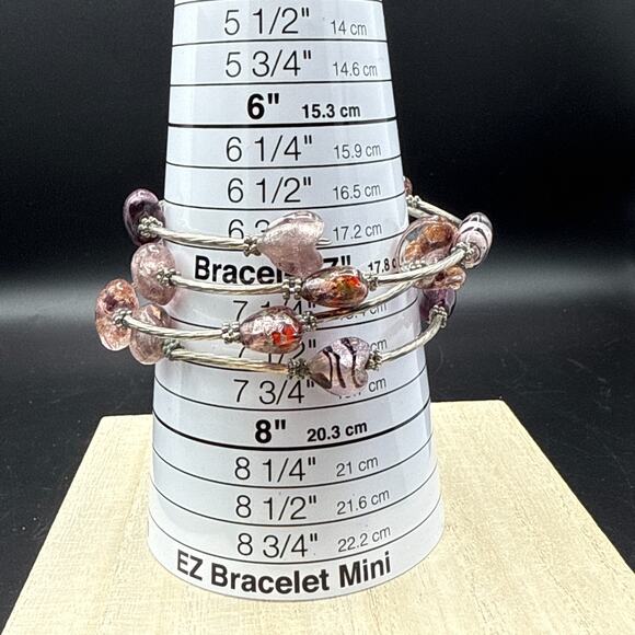 Art Glass Bracelet Wire Wrap Purple Heart Glass Bead Silver Tone Boho Bangle - Picture 6 of 6